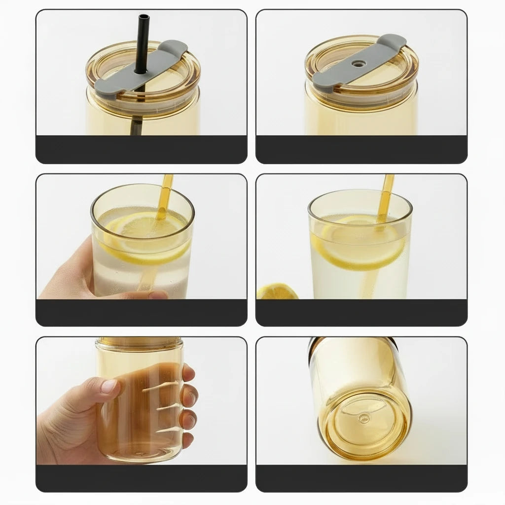 Glas-Trinkflasche mit Strohhalm